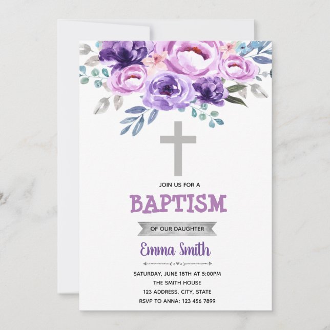 Invitación de bautizo floral púrpura (Anverso)