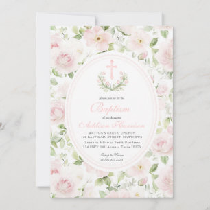 Invitación de bautizo floral rosa, Bautizo de niña