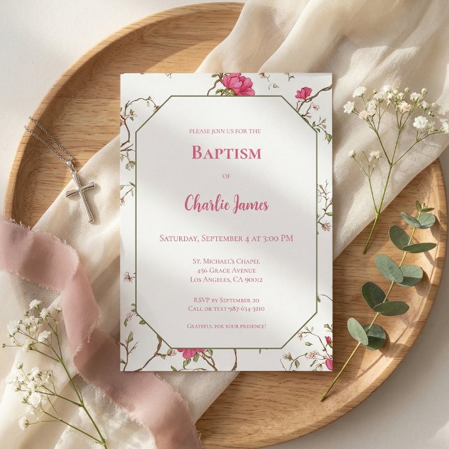 Invitación de bautizo floral rosa botánico (Subido por el creador)