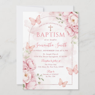 Invitación de Bautizo Floral Rosa con Mariposas