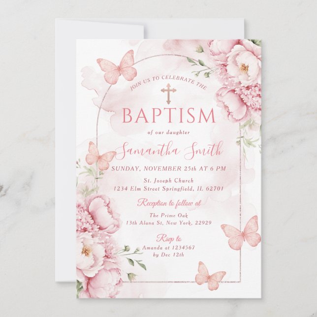 Invitación de Bautizo Floral Rosa con Mariposas (Anverso)