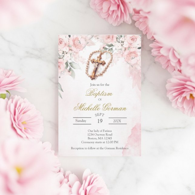 Invitación de bautizo floral rosa Crucifijo (Subido por el creador)