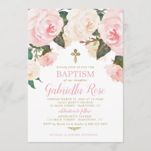 Invitación de Bautizo   Floral Rosa Dorado