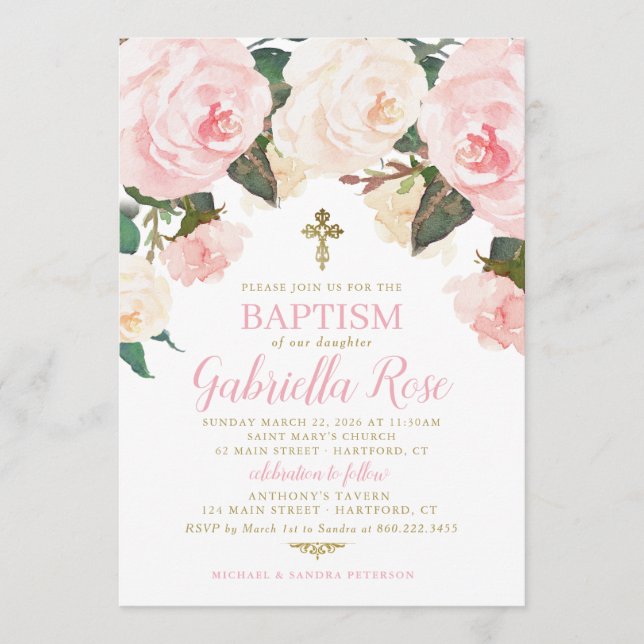 Invitación de Bautizo | Floral Rosa Dorado (Anverso)