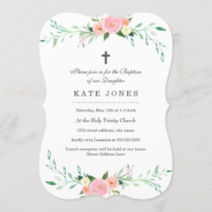 Invitación de bautizo floral rosa dulce