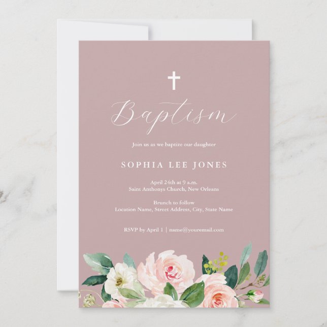 Invitación de Bautizo Floral Rosa Polvo (Anverso)