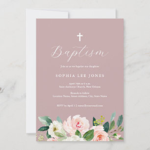 Invitación de Bautizo Floral Rosa Polvo