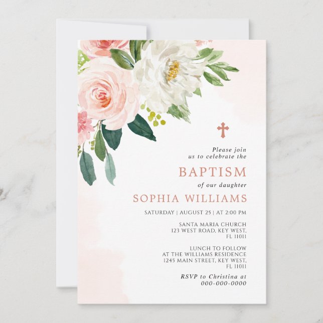 Invitación de Bautizo Floral Rosa Rosada (Anverso)