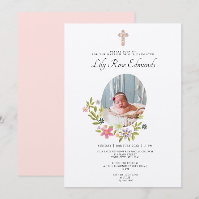 Invitación de Bautizo Floral Rosa Suave (Anverso / Reverso)