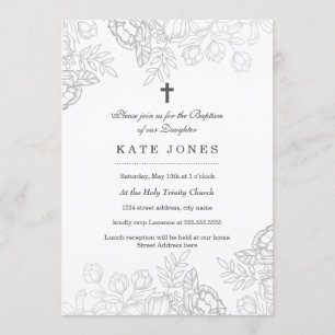 Invitación de Bautizo Floral Vintage de Plata Eleg