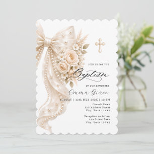 Invitación de bautizo floral y lazo de perla elega