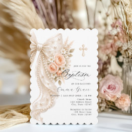 Invitación de Bautizo Floral y Lazo de Perla Elega