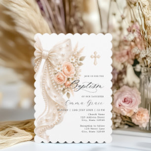 Invitación de Bautizo Floral y Lazo de Perla Elega