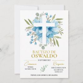 Invitación de bautizo flores azul y verde