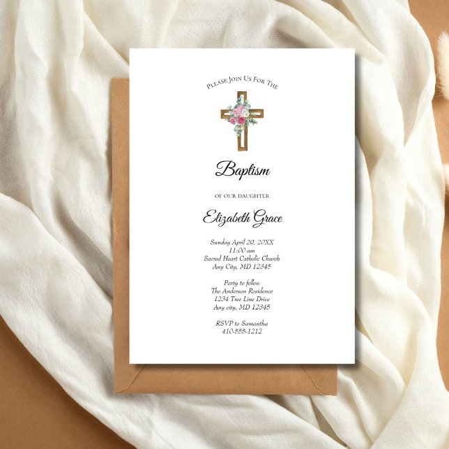 Invitación de Bautizo Flores Cruz de Madera (Baptism Wooden Cross Pink Flowers Invitation)