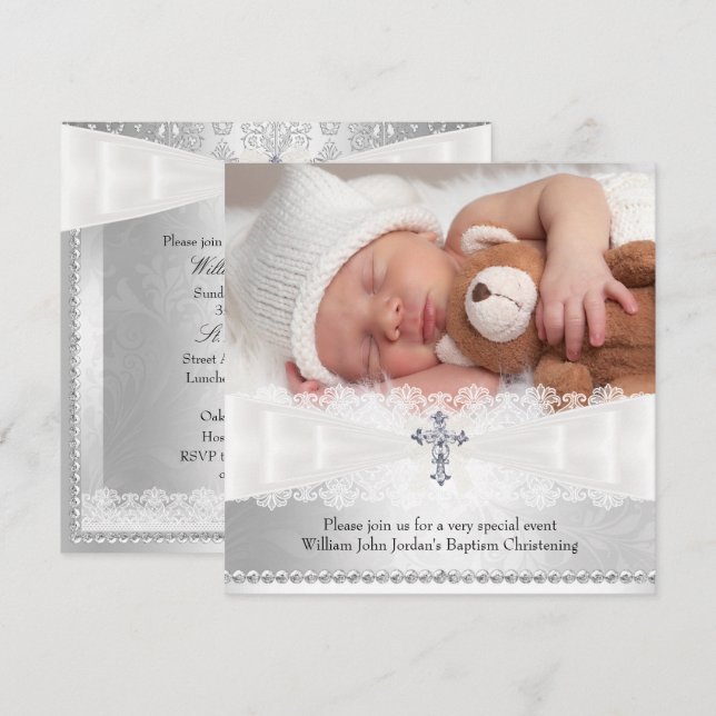 Invitación de Bautizo Foto Cruz Blanca y Plateada (Anverso / Reverso)