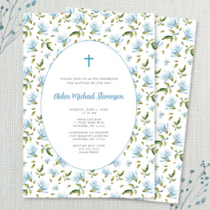 Invitación de bautizo Grandmillenial floral azul