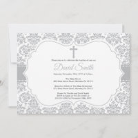 Invitación de Bautizo Gris Damask