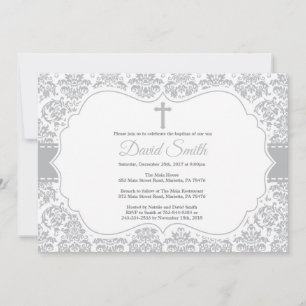 Invitación de Bautizo Gris Damask