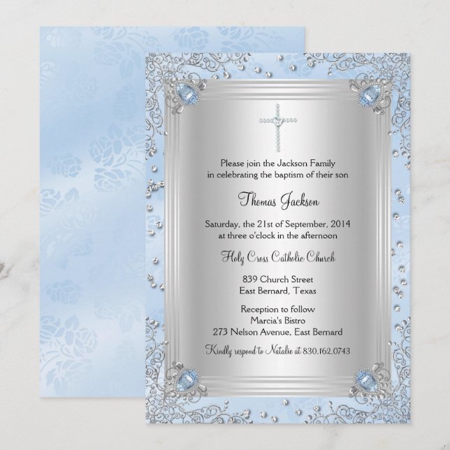 Invitación de Bautizo/Joyas de Destello Azul (Anverso / Reverso)