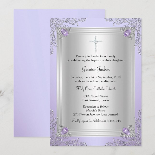 Invitación de Bautizo/Joyas de Destello Púrpura (Anverso / Reverso)