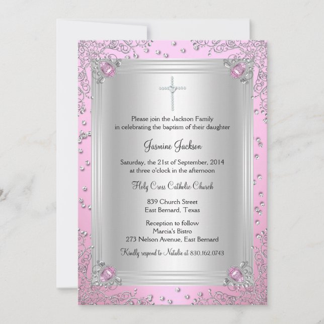 Invitación de Bautizo/Joyas de Destello Rosa (Anverso)