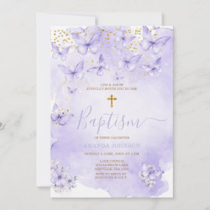 Invitación de Bautizo Mariposa Morada Dorada Lavan