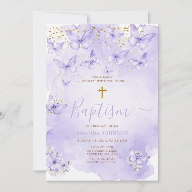 Invitación de Bautizo Mariposa Morada Dorada Lavan (Anverso)