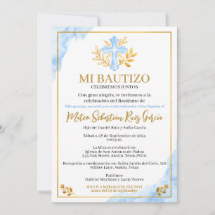 Invitación de Bautizo Mi Bautizo Azul Cruz