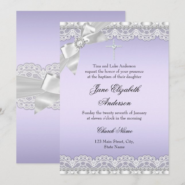 Invitación de Bautizo Morado Chic Diamond Lace (Anverso / Reverso)