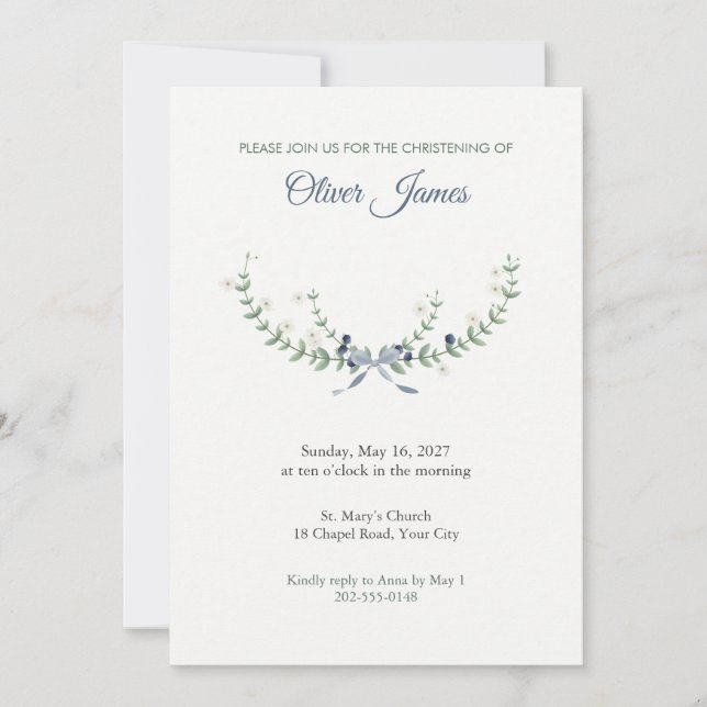 Invitación de bautizo Myrtle Sprig Crescent (Anverso)