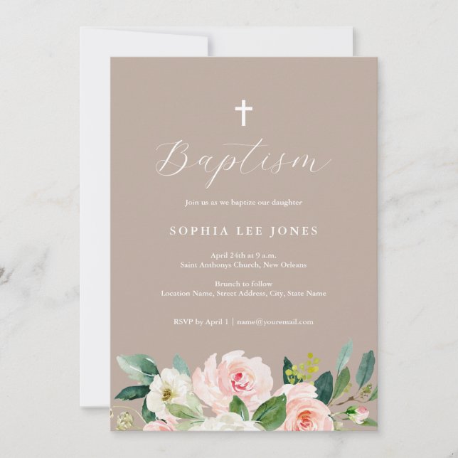 Invitación de Bautizo Neutral Floral Acuarela (Anverso)
