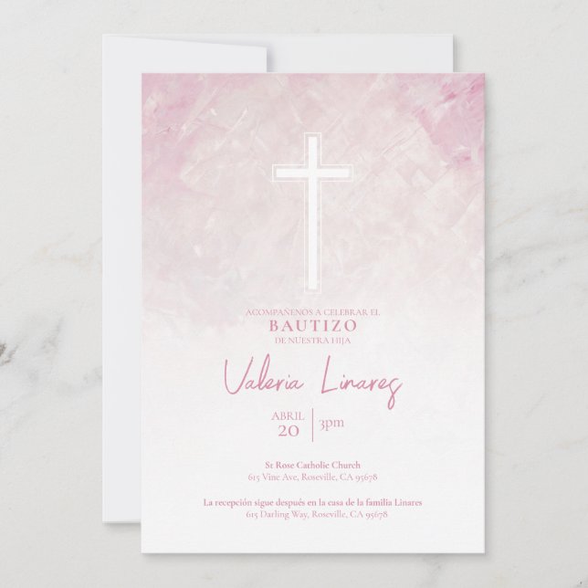Invitación de Bautizo Niña Rosa (Anverso)