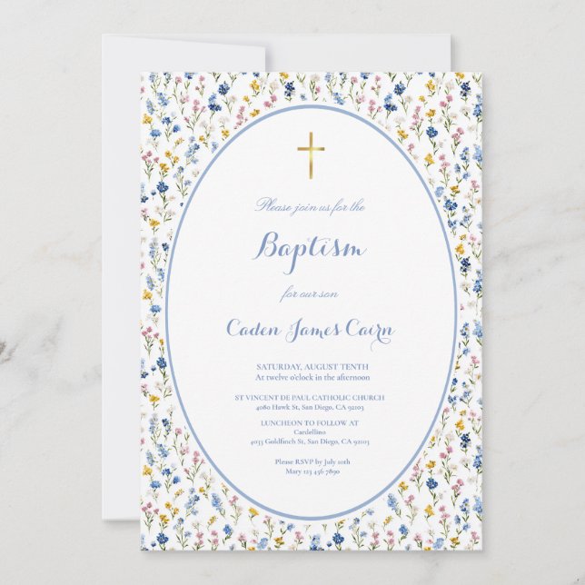 Invitación de Bautizo Niño Acuarela Florcita (Anverso)