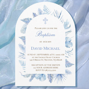 invitación de bautizo niño azul pastel follaje