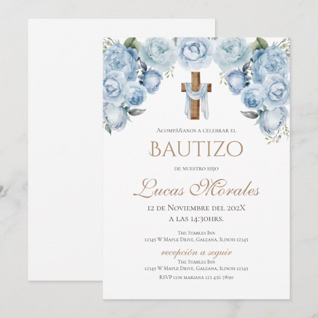 invitación de bautizo niño español (Anverso / Reverso)