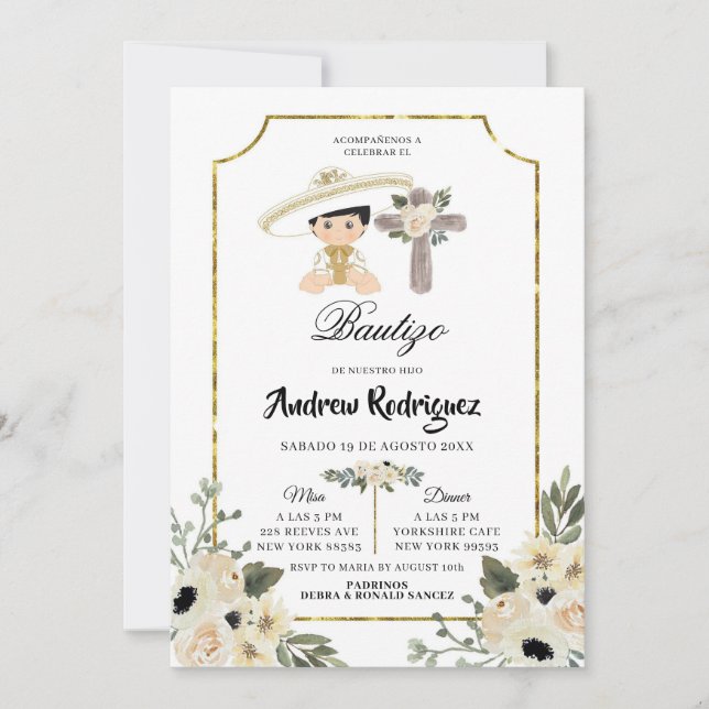 Invitación de Bautizo, niño floral blanco y dorado (Anverso)
