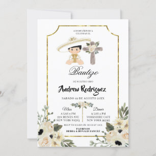 Invitación de Bautizo, niño floral blanco y dorado