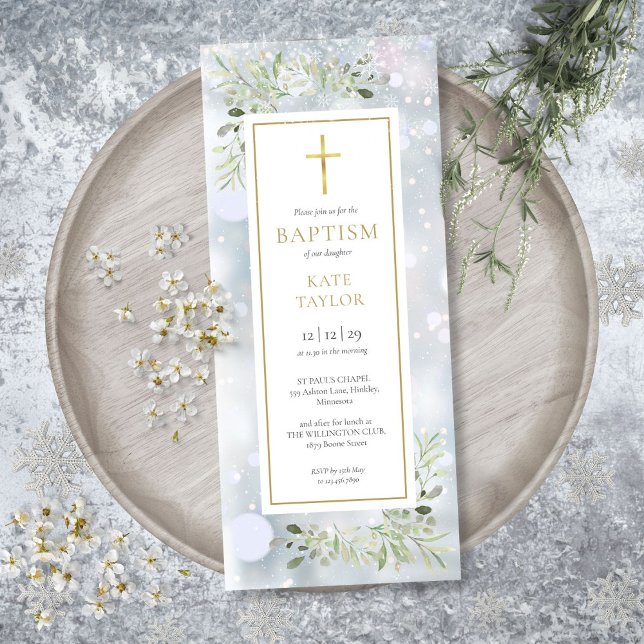 Invitación de Bautizo o Confirmación de Copos de N (Snowflakes Greenery Winter Baptism Christening Inv Invitation)