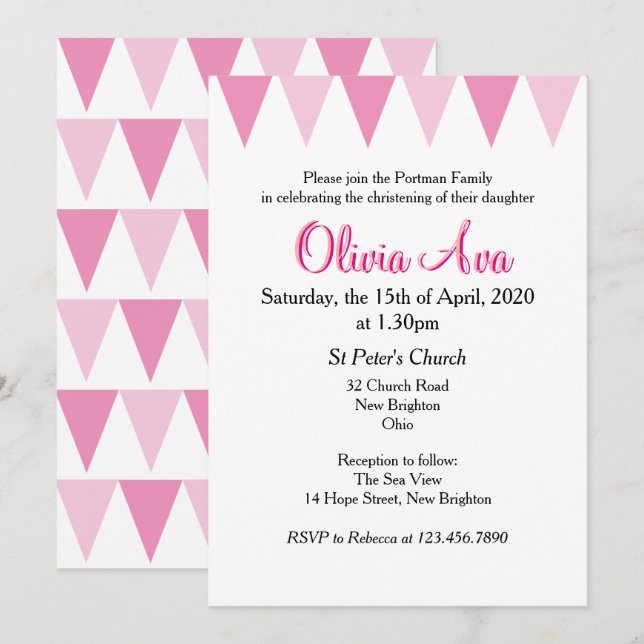 Invitación de Bautizo o Primera Comunión Rosada Ba (Anverso / Reverso)