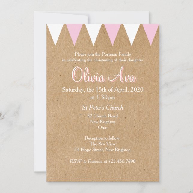 Invitación de Bautizo o Primera Comunión Rosada Ba (Anverso)