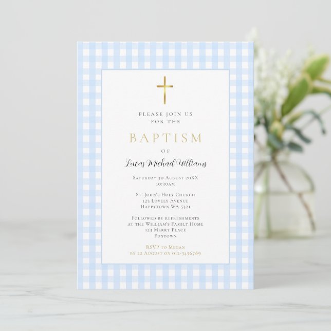 Invitación de bautizo para bebé niño con cuadros a (Anverso de pie)