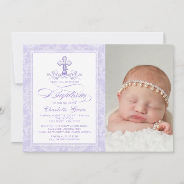 Invitación de Bautizo para Niñas con Cruz de Damas (Anverso)