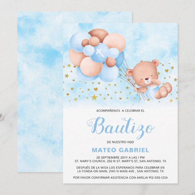 Invitación de Bautizo para Niño con Bautismo (Anverso / Reverso)
