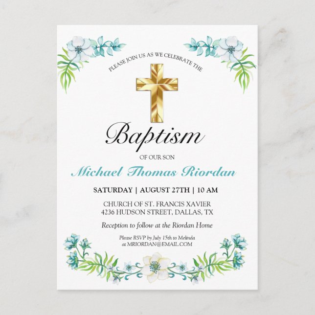 Invitación de Bautizo para Niño con Cruz de Oro Az (Anverso)