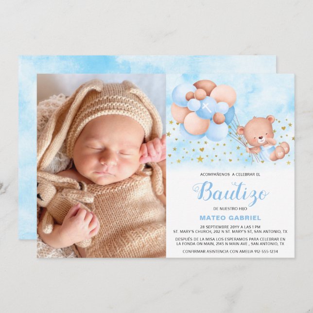 Invitación de Bautizo para Niño con Foto Bautismo (Anverso / Reverso)