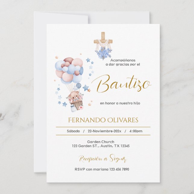 Invitación de Bautizo para niño oso y globos (Anverso)