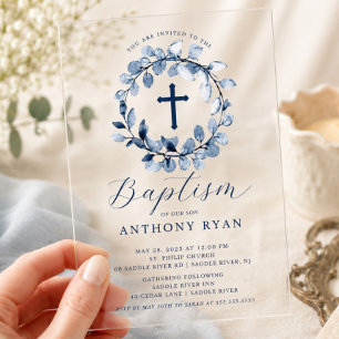 Invitación de Bautizo para Niños Blue Leaf Boys
