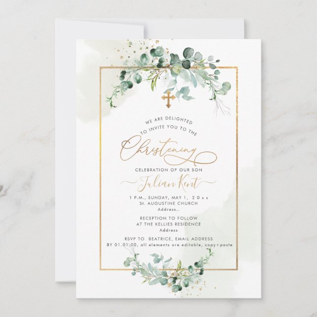 Invitación de bautizo PixDezines H2 Eucalipto (Anverso)