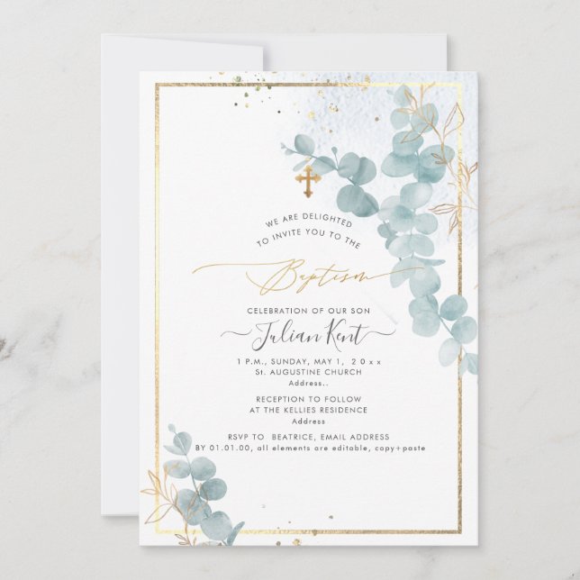 Invitación de bautizo PixDezines H2 Eucalyptus (Anverso)